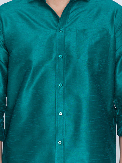 Vastramay Men's Green Cotton Silk Blend Shirt and Mundu Set